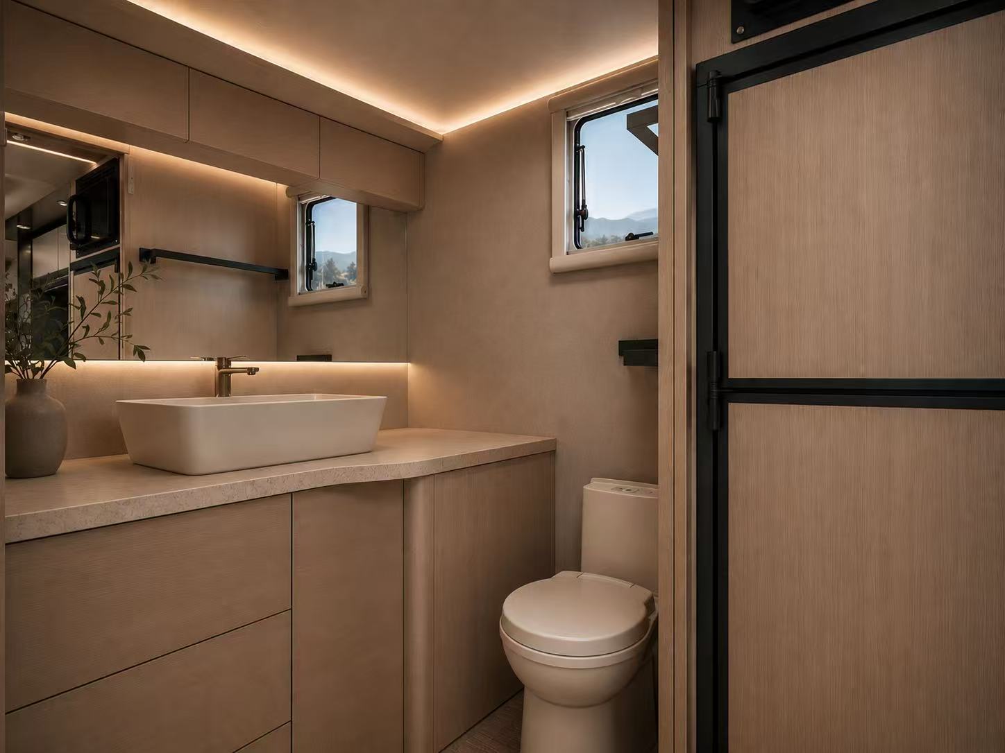 IM19 bathroom with ceramic washbasin and mirror